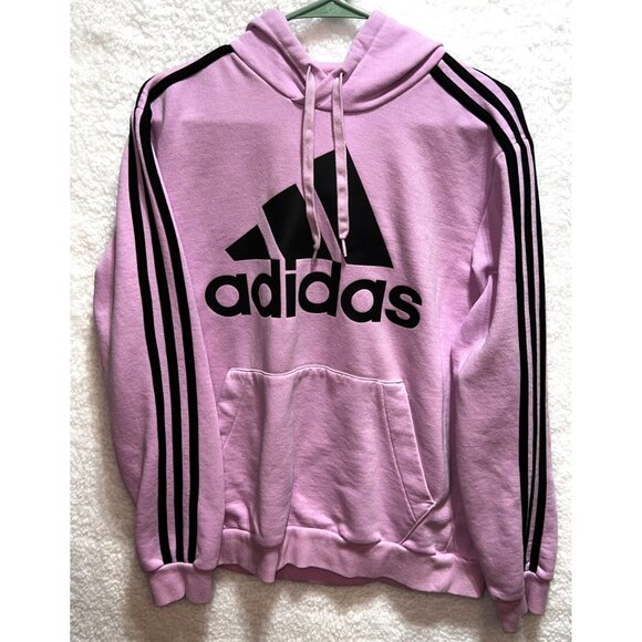 adidas Tops - Adidas Womens Pink Hoodie Sweatshirt With Black Logo & Stripes Medium